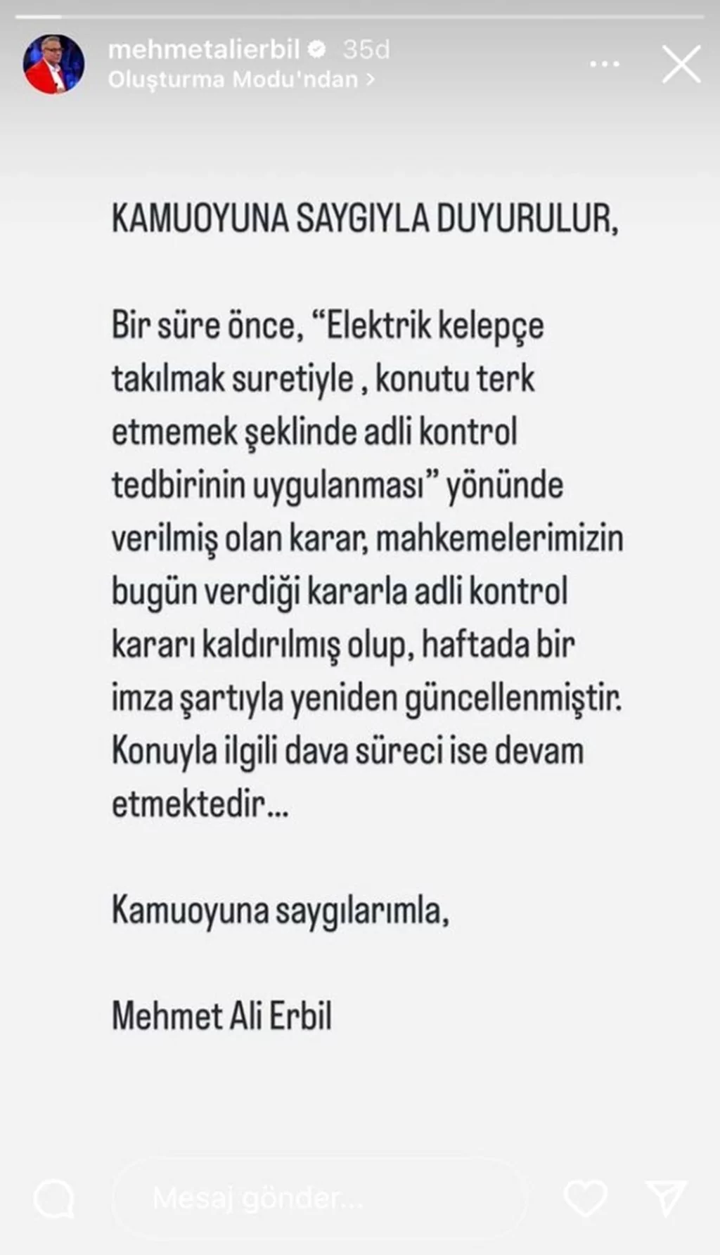 Mehmet Ali Erbil, ev hapsi kalktıktan sonra ilk açıklamasını yaptı