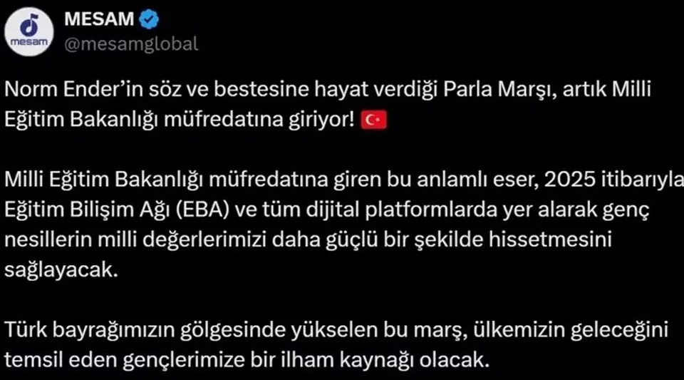 Norm Ender imzalı "Parla (100. Yıl marşı)" müfredata girecek