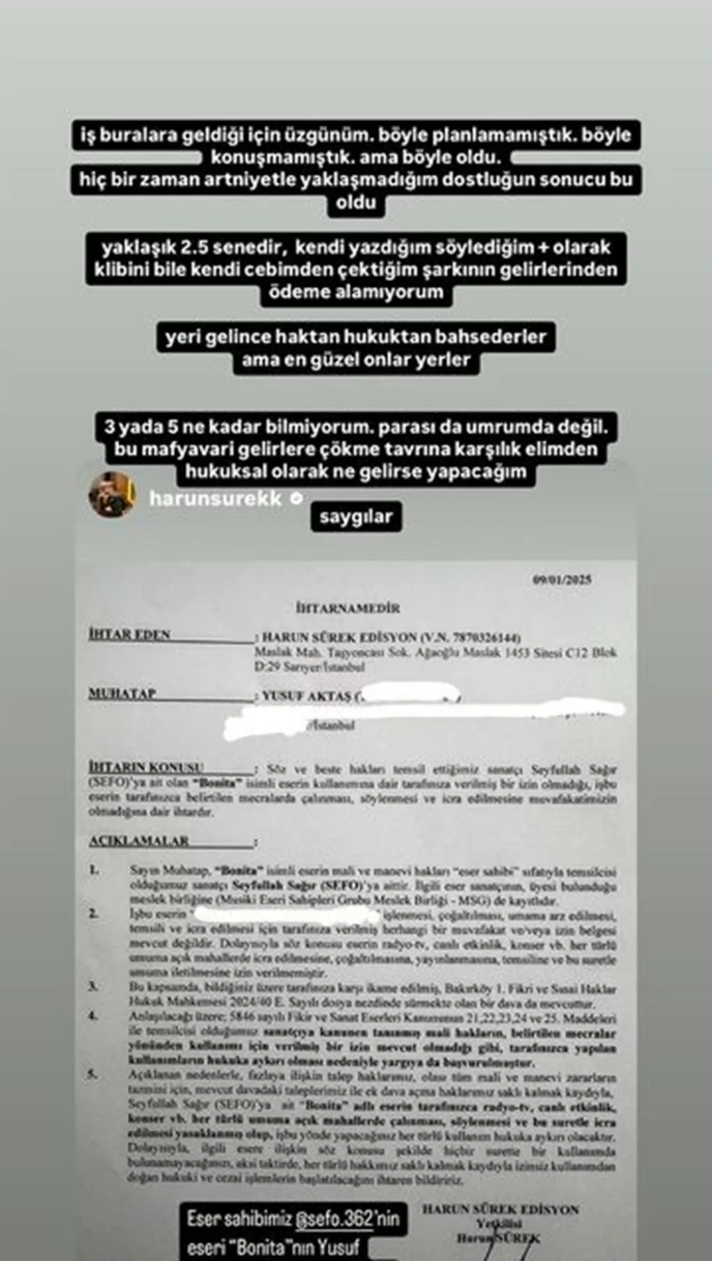 Sefo'dan Reynmen'e dava: ödeme alamıyorum