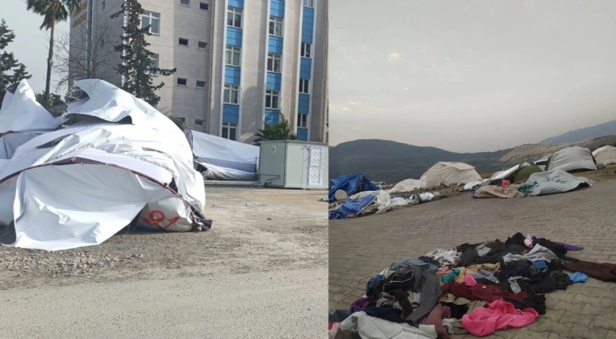 İskenderun'da kuvvetli rüzgar depremzedelerin çadırlarını yıktı!