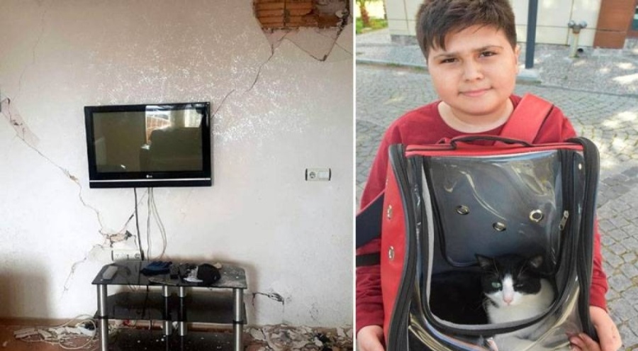 12 yaşındaki çocuk kedisini ağır hasarlı binadan kurtardı