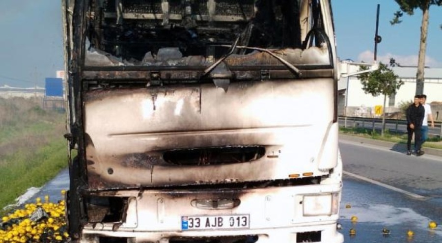 Limon yüklü kamyonda yangın çıktı