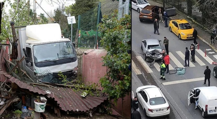 İstanbul'da zincirleme kaza: Kamyonet bahçeye uçtu
