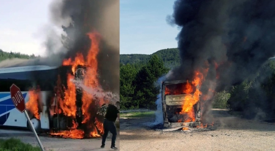 Bolu'da yolcu otobüsü alev alev yandı