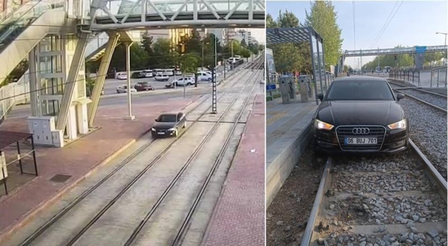 Alkollü sürücü tramvay yoluna girdi