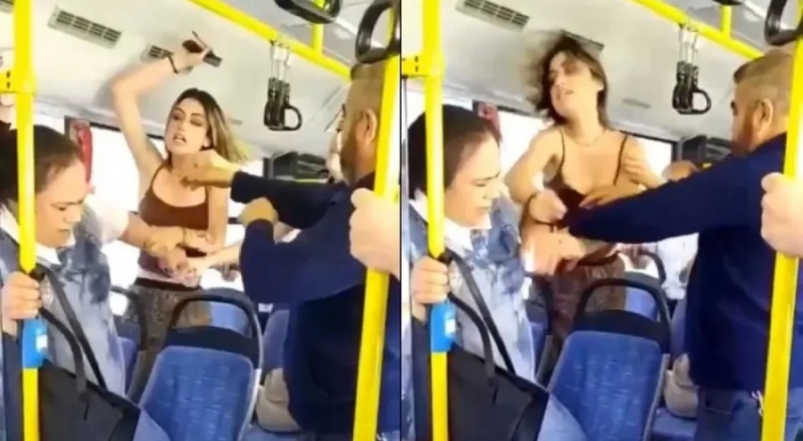 Belediye otobüsünde kadın kavgası kamerada!