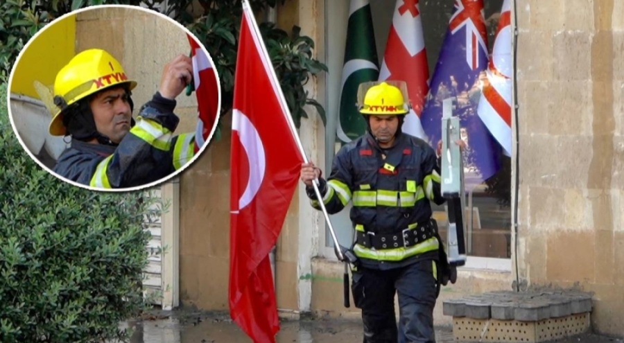 Azerbaycanlı itfaiyeci, yangında Türk bayrağının zarar görmesini engelledi