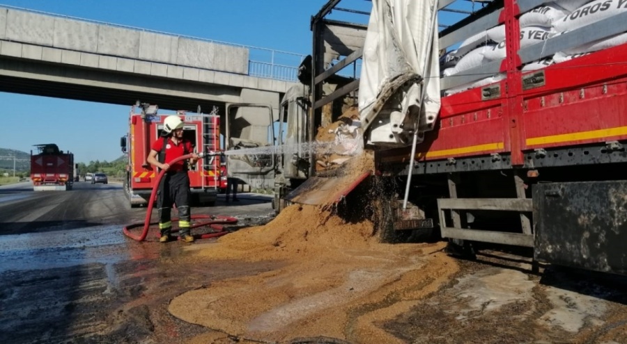 Yem yüklü TIR yandı