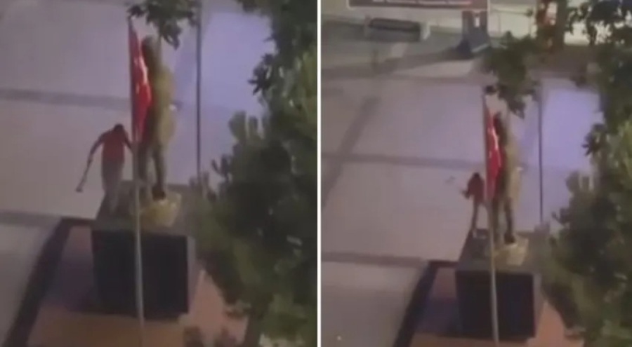 Atatürk heykeline balyozlu saldırı kamerada! Serbest kaldı...