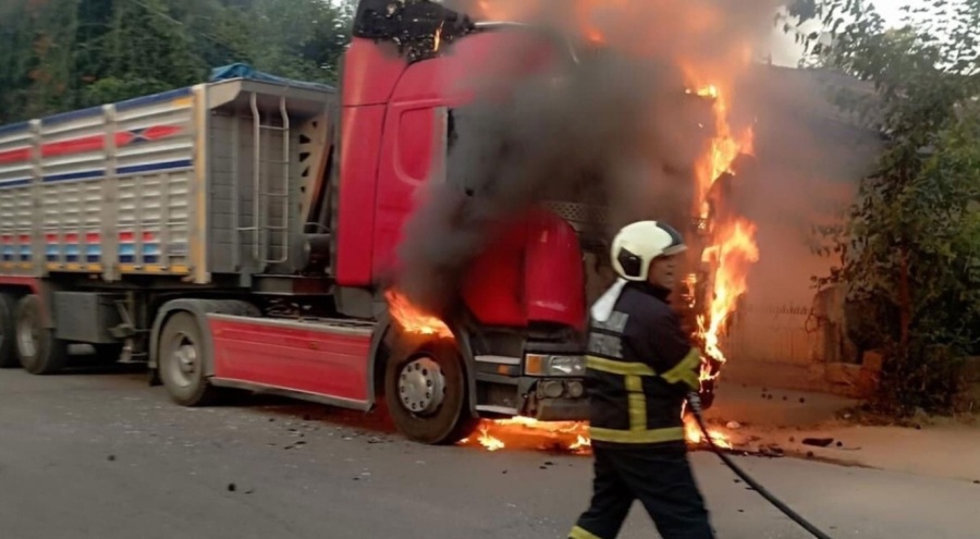 Park halindeki tır alev alev yandı!