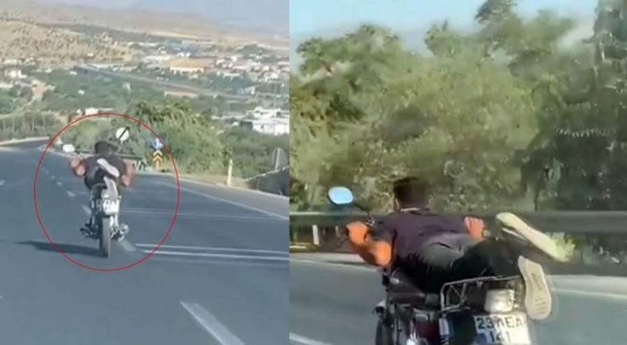 Trafik magandası motosikleti yatarak kullandı!