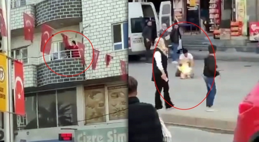 Alev alan piknik tüpünü balkondan aşağı kalabalığın ortasına fırlattı