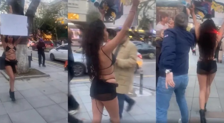 Bağdat Caddesi'ne yine yarı çıplak çıktı! Bir vatandaş elindeki pankartı yırttı