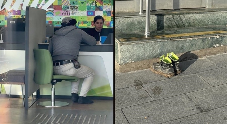 İnşaat işçisi banka şubesine çamurlu ayakkabısını çıkarıp girdi