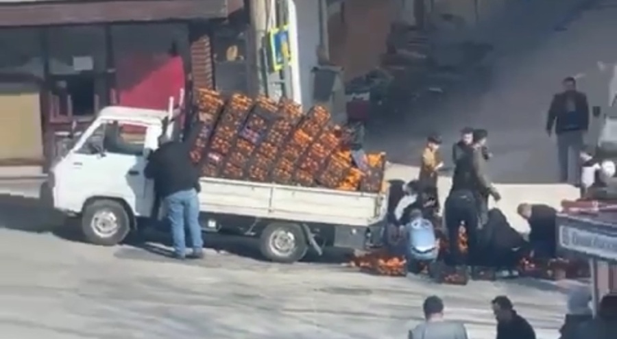 Bursa'da kamyonetten dökülen mandalinalar için seferberlik
