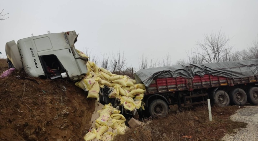 Bursa'da yem yüklü tır yoldan çıktı! 2 yaralı var
