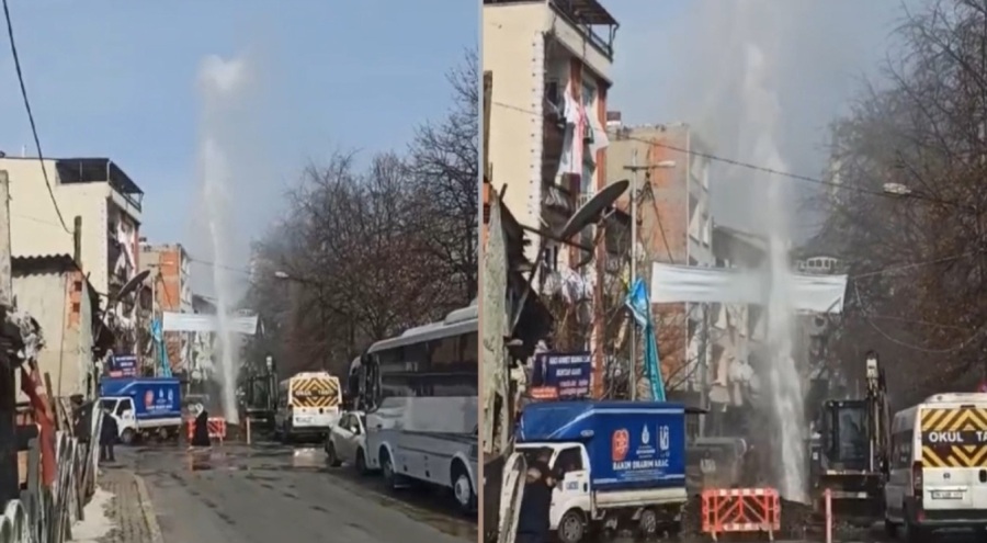 İsale borusu patladı: Tazyikli su binaların boyunu aştı