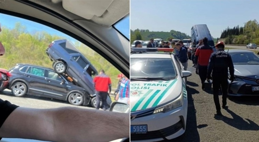 9 araçlı zincirleme kazada ilginç görüntü: Araçlar üst üste çıktı