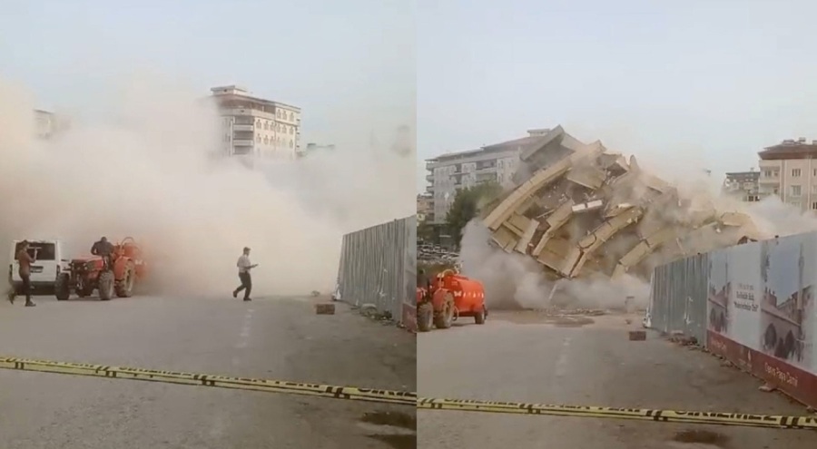 Ağır hasarlı 6 katlı bina yıkılırken çöktü