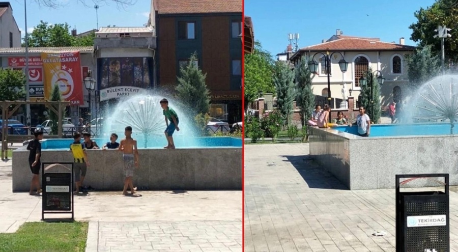 Sıcaktan bunalan çocukların süs havuzunda tehlikeli oyunu