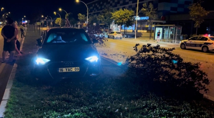 Bursa'da aday sürücü refüje daldı! Reklam panosu ve ağaçlar devirildi