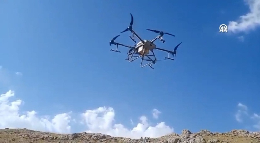 Çekirgelerle mücadelede drone ile ilaçlama yapıldı