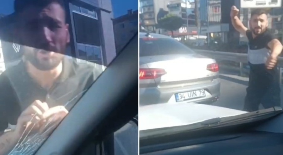 Trafikte dehşet! Otomobilin önünü kesip camını kırdılar