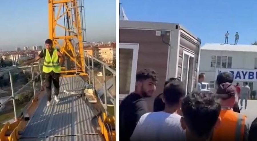 İnşaat işçilerinden vinç tepesinde eylem