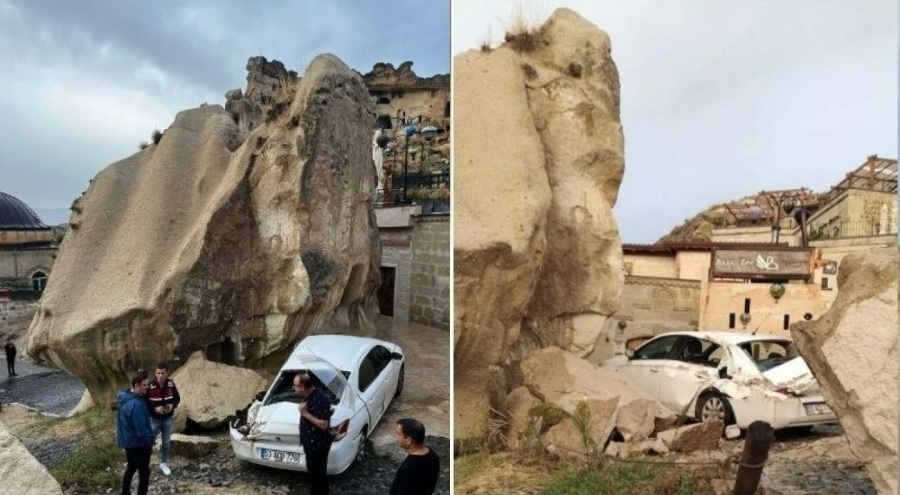 Kapadokya'yı sel vurdu! Kopan kayalar araçlarda hasara neden oldu