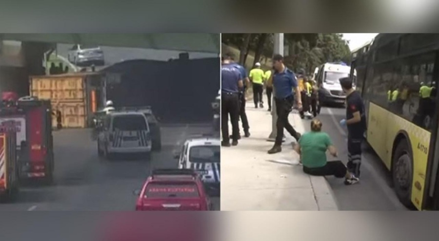 Tır, İETT otobüsünün üzerine devrildi