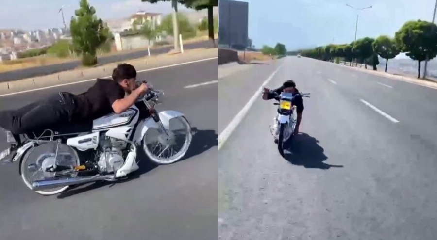 Tehlikeli yolculuk! Motosikleti yatarak sürdü