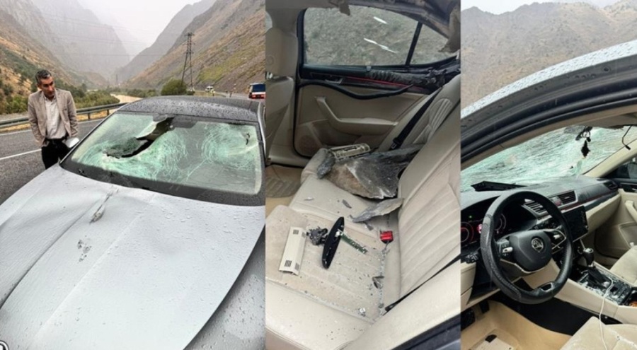 Üzerine kaya parçası düşen otomobilden burnu bile kanamadan çıktı