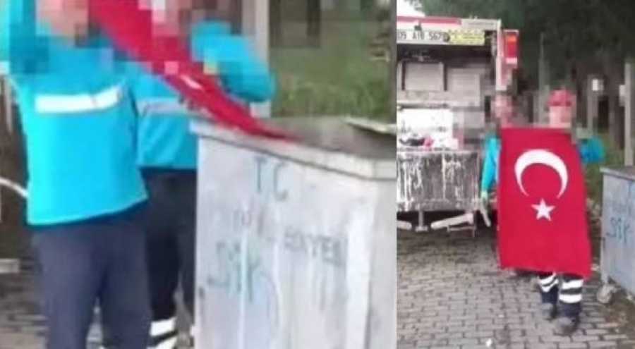 2 belediye çalışanı Türk bayrağını çöpe atıp kendileri bulmuş gibi yaptılar
