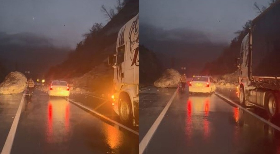 Dev kaya karayoluna düştü: Ulaşım kapandı