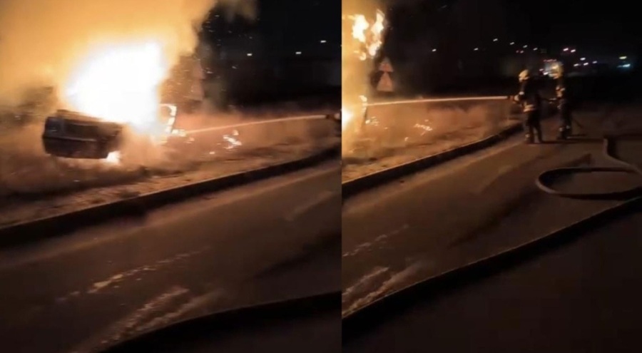 Aydınlatma direğine çarpan otomobil cayır cayır yandı!