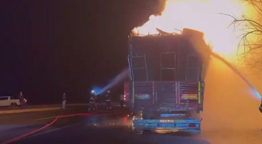 Seyir halindeki TIR'ın dorsesi alev alev yandı!