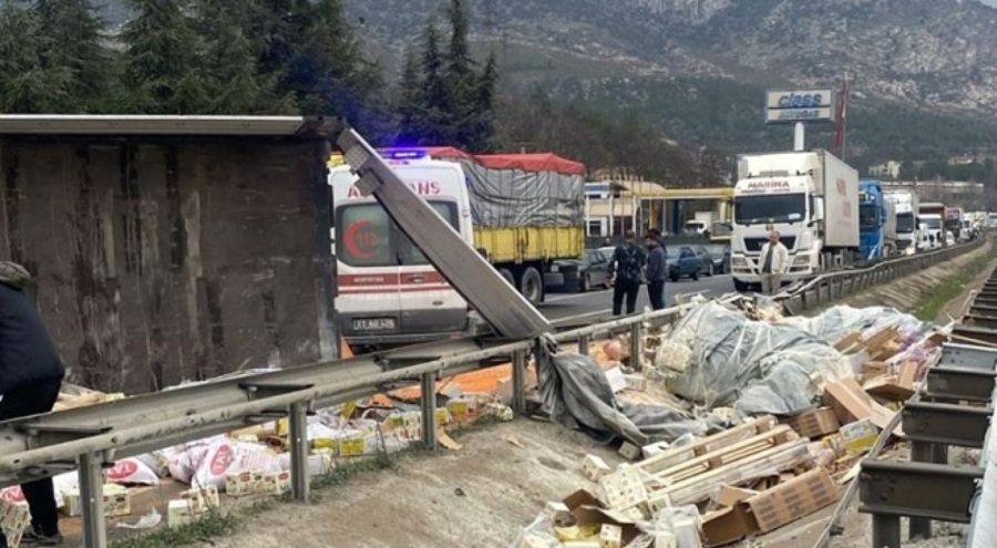 TIR devrildi, yükündeki kuruyemişler yola saçıldı