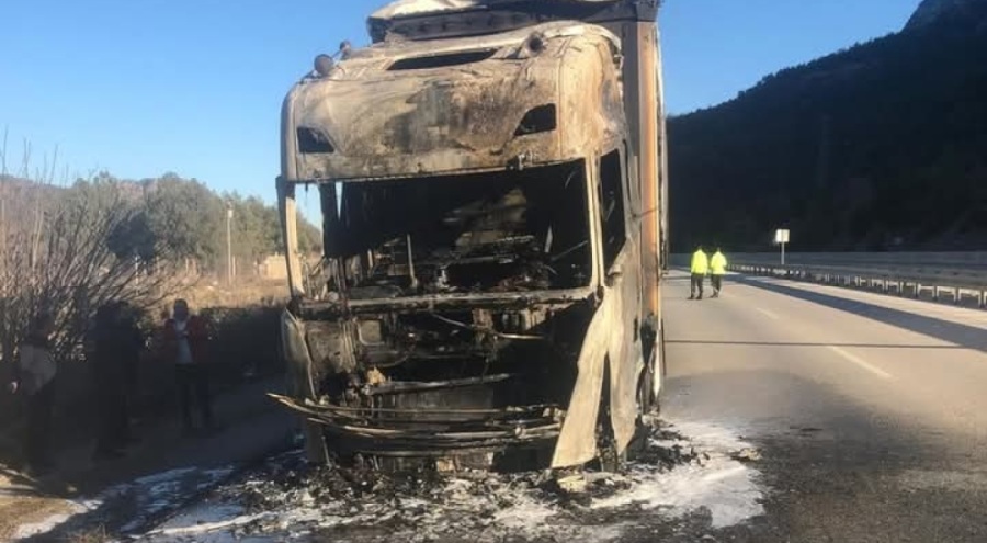 Pirinç yüklü TIR yandı