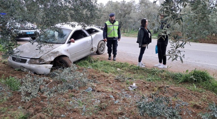 Bursa'da kontrolden çıkan otomobil, zeytinliğe uçtu