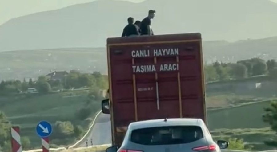 Kamyonun üzerinde tehlikeli yolculuk