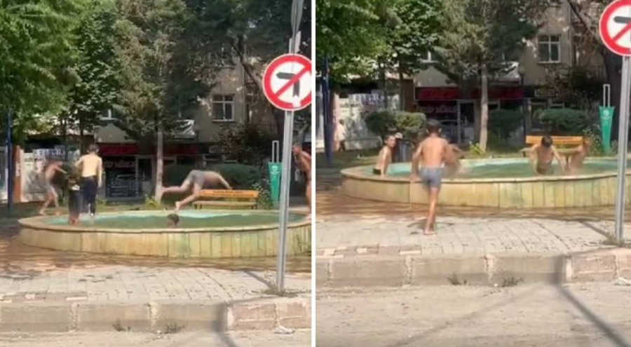 Sıcak havanın etkisiyle süs havuzuna akın ettiler