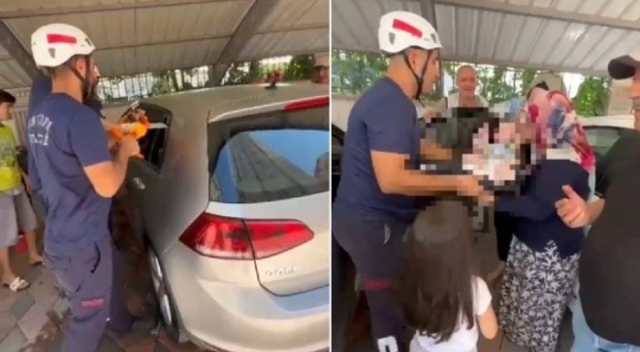 otomobilde kilitli kalan 3 aylık bebeği itfaiye kurtardı
