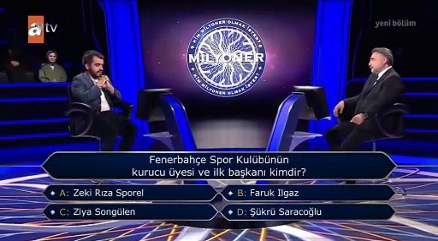 Milyoner'de sorulan 1 milyon TL'lik soru "Fenerbahçe" oldu, yarışmacı sorudan çekildi