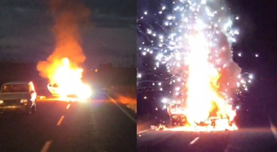 Alev alan otomobil bomba gibi patladı