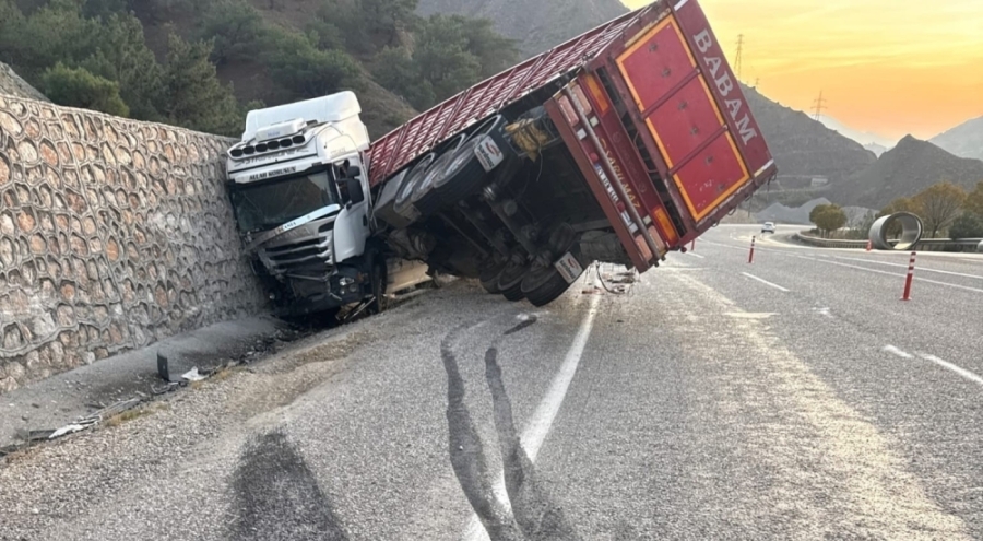 Malatya'da kontrolden çıkan tır istinat duvarına çarptı