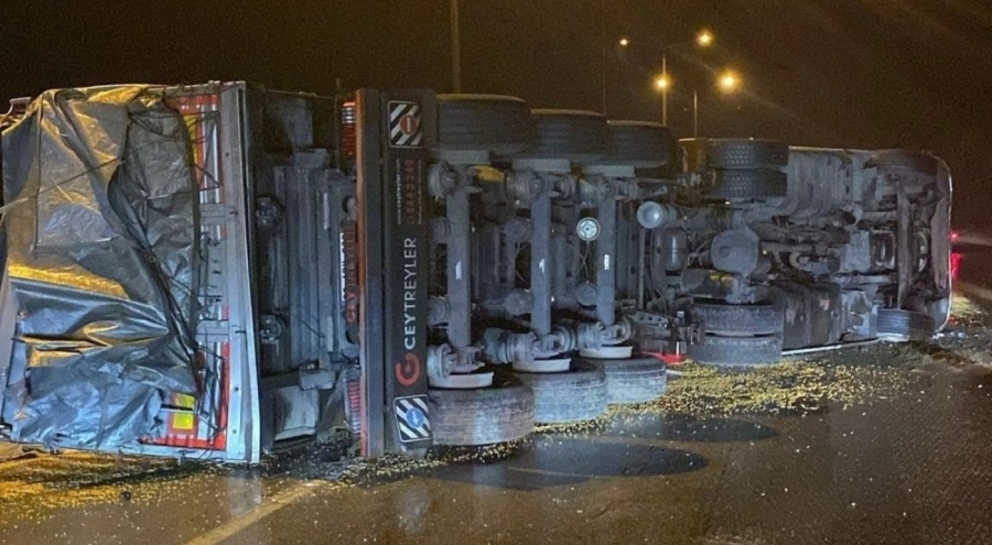 Mısır yüklü kamyon devrildi: 1 yaralı