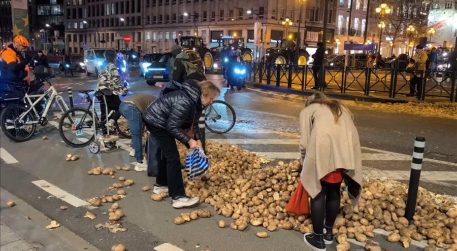 Brüksel'de protesto için yollara dökülen patatesleri vatandaşlar topladı