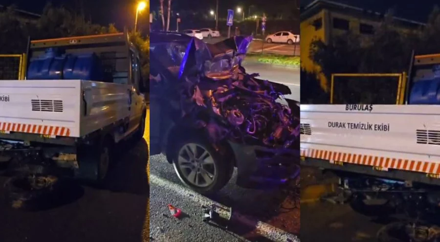 Bursa'da temizlik aracına çarpan otomobil hurdaya döndü