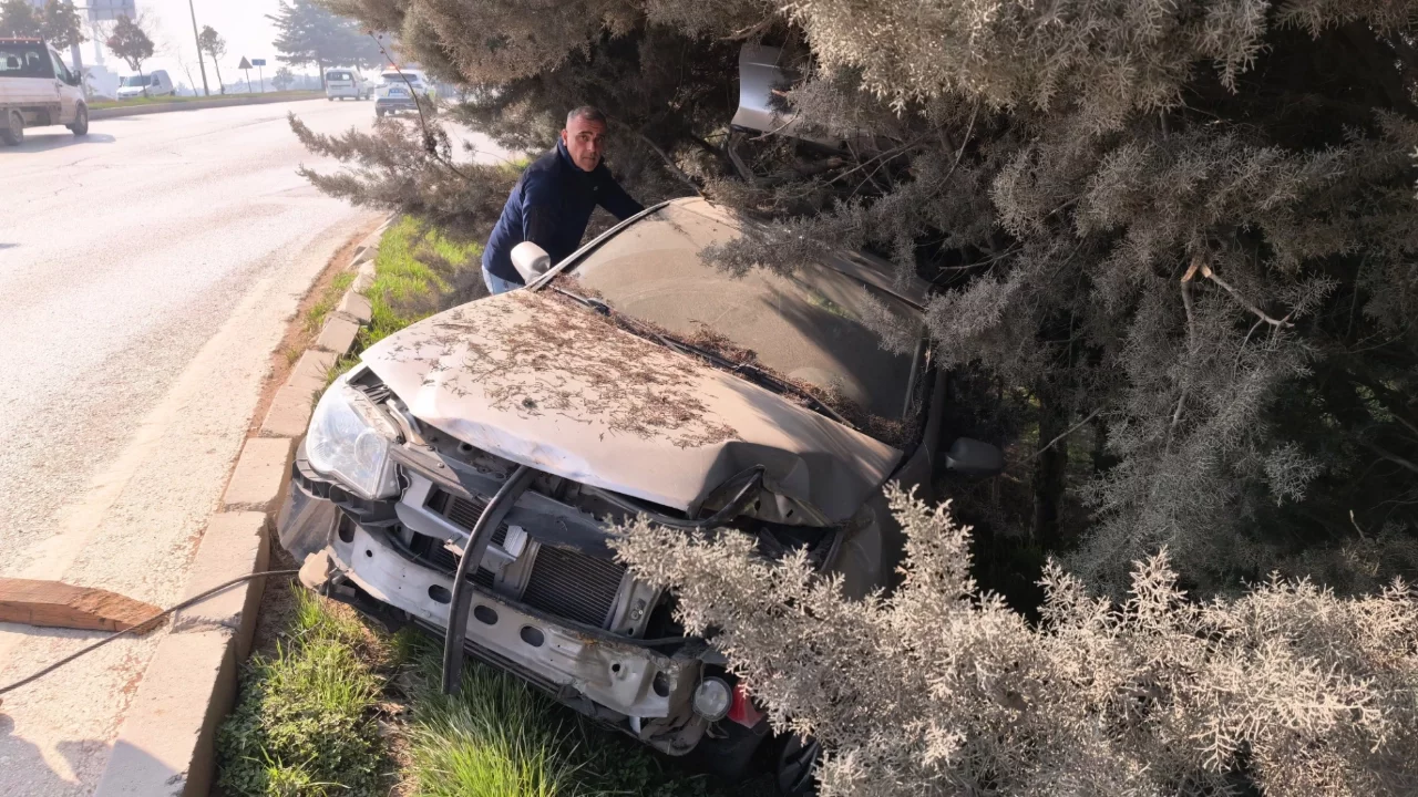 Bursa'da kontrolden çıkan otomobil ağaçlık alana uçtu