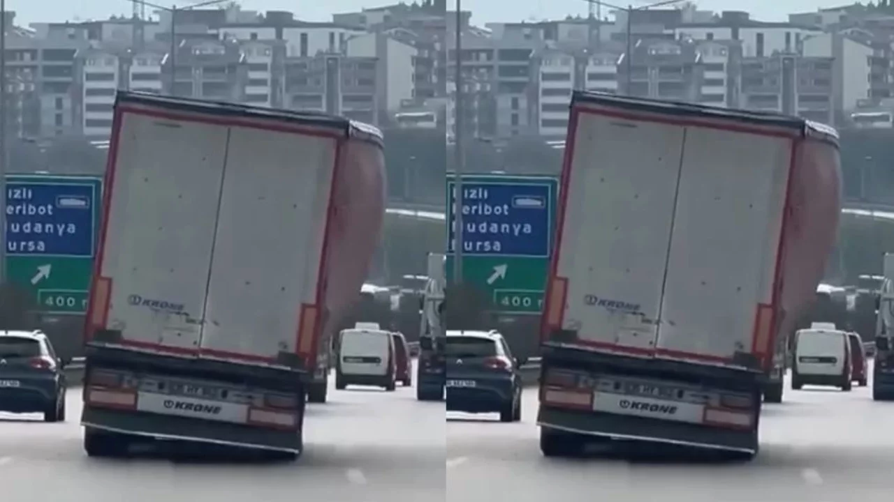 Bursa Çevre Yolu'nda yan ilerleyen tır kameraya yansıdı